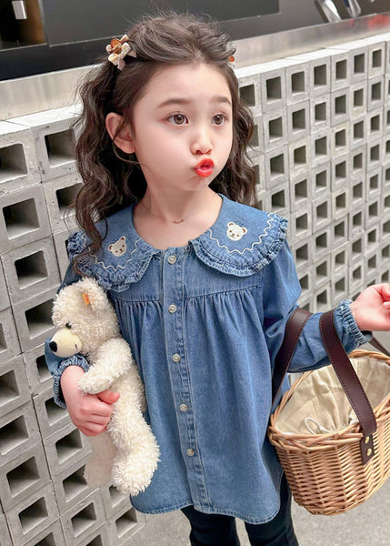 Cute Blue Peter Pan Button Collar Girls Shirt Long Sleeve YU1047 WS-RCTZ-LTP240529