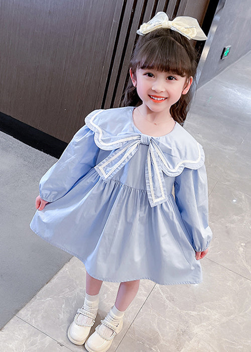 Cute Blue Peter Pan Collar Solid Cotton Girls Dress Long Sleeve XZ016 FALL-MM-RCTZ-FDGL240618