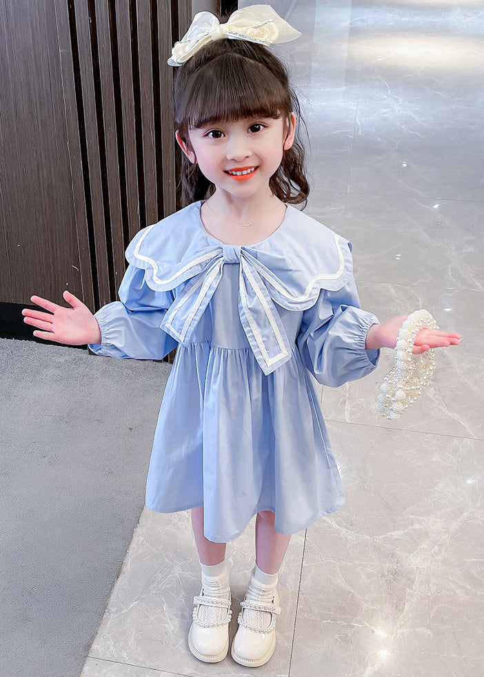 Cute Blue Peter Pan Collar Solid Cotton Girls Dress Long Sleeve XZ016 FALL-MM-RCTZ-FDGL240618