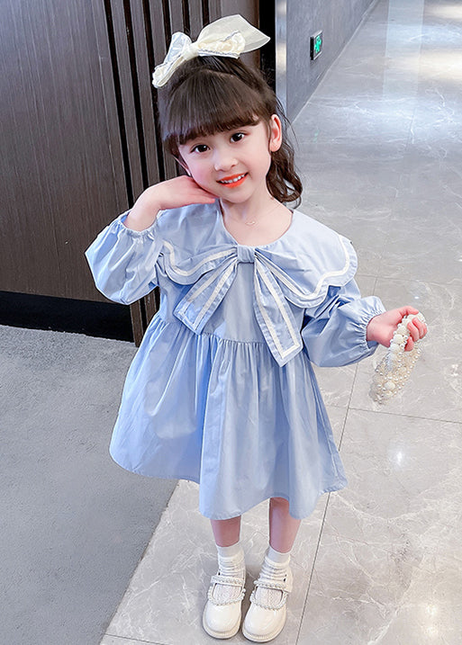 Cute Blue Peter Pan Collar Solid Cotton Girls Dress Long Sleeve XZ016 FALL-MM-RCTZ-FDGL240618