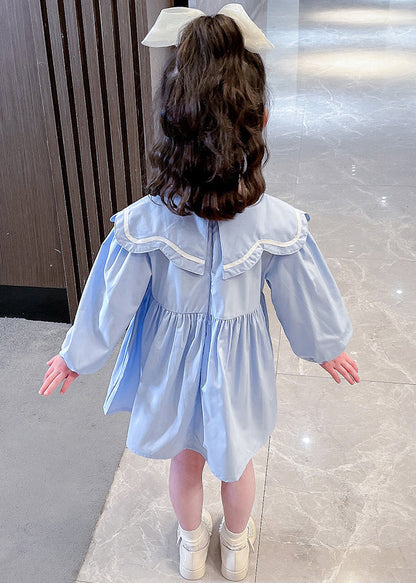 Cute Blue Peter Pan Collar Solid Cotton Girls Dress Long Sleeve XZ016 FALL-MM-RCTZ-FDGL240618