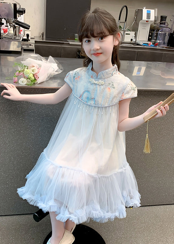 Cute Blue Print Patchwork Tassel Tulle Kids Long Dresses Summer MN027 MM-RCTZ-SDL240701