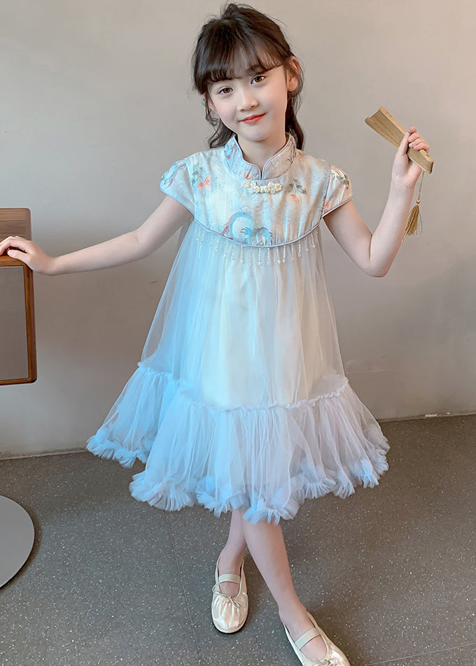 Cute Blue Print Patchwork Tassel Tulle Kids Long Dresses Summer MN027 MM-RCTZ-SDL240701