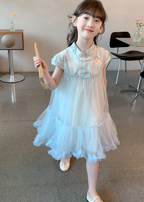 Cute Blue Print Patchwork Tassel Tulle Kids Long Dresses Summer MN027 MM-RCTZ-SDL240701