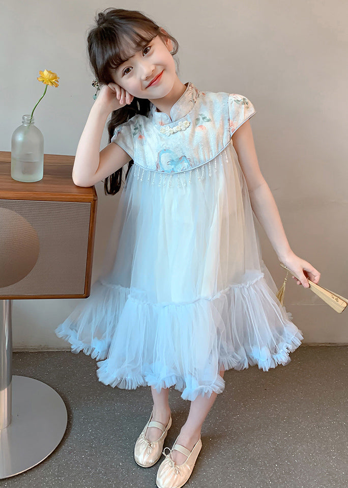 Cute Blue Print Patchwork Tassel Tulle Kids Long Dresses Summer MN027 MM-RCTZ-SDL240701