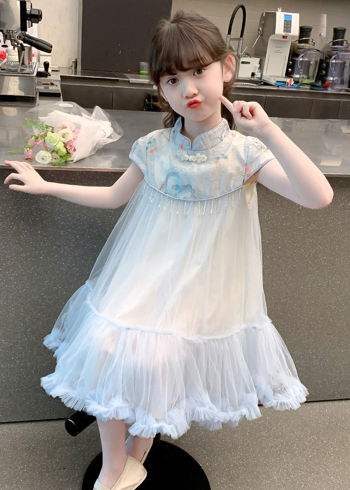 Cute Blue Print Patchwork Tassel Tulle Kids Long Dresses Summer MN027 MM-RCTZ-SDL240701