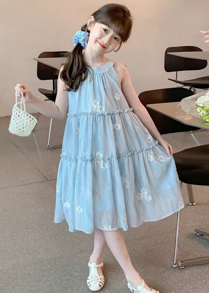 Cute Blue Ruffled Button Print Chiffon Girls Dress Sleeveless EW059 WS-RCTZSDGL240809