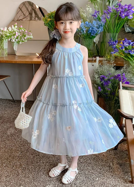 Cute Blue Ruffled Button Print Chiffon Girls Dress Sleeveless EW059 WS-RCTZSDGL240809