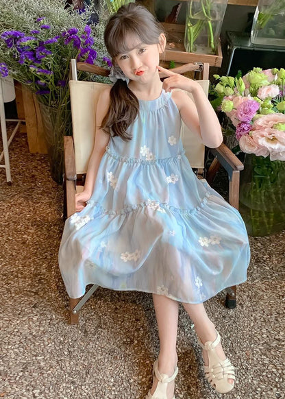 Cute Blue Ruffled Button Print Chiffon Girls Dress Sleeveless EW059 WS-RCTZSDGL240809