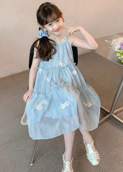 Cute Blue Ruffled Button Print Chiffon Girls Dress Sleeveless EW059 WS-RCTZSDGL240809