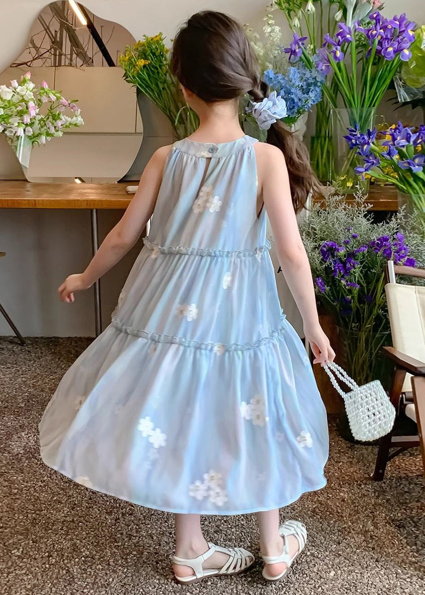 Cute Blue Ruffled Button Print Chiffon Girls Dress Sleeveless EW059 WS-RCTZSDGL240809