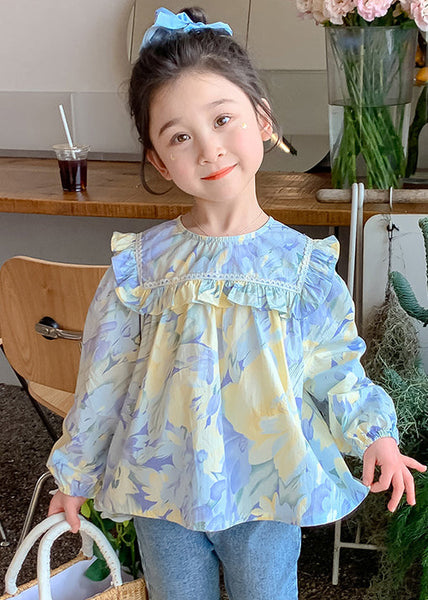 Cute Blue Ruffled Print Cotton Girls Blouses Spring YU1039 WS-RCTZ-LTP240529