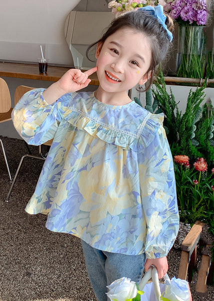 Cute Blue Ruffled Print Cotton Girls Blouses Spring YU1039 WS-RCTZ-LTP240529