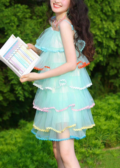 Cute Blue Slash Neck Patchwork Spaghetti Strap Cake Dress Summer UU1036 SH-LF-SDM240526