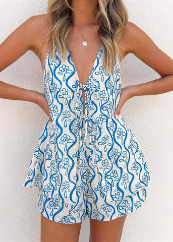 Tie Set Pieces Summer Lace Top And V Two Neck Shorts Cute Blue FashionChic