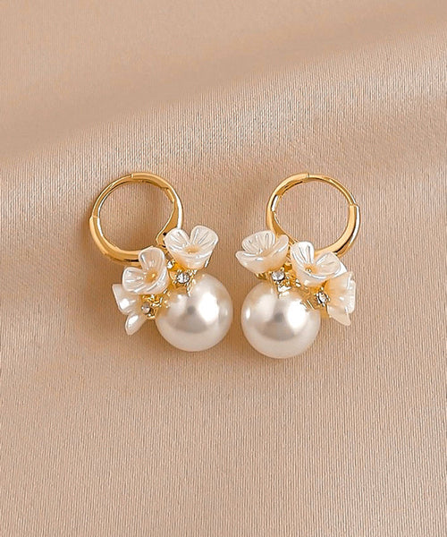 Alloy Pearl Hoop Cute Gold Earrings Zircon Floral FashionChic