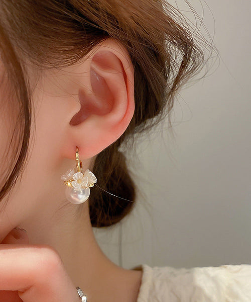 Alloy Pearl Hoop Cute Gold Earrings Zircon Floral FashionChic