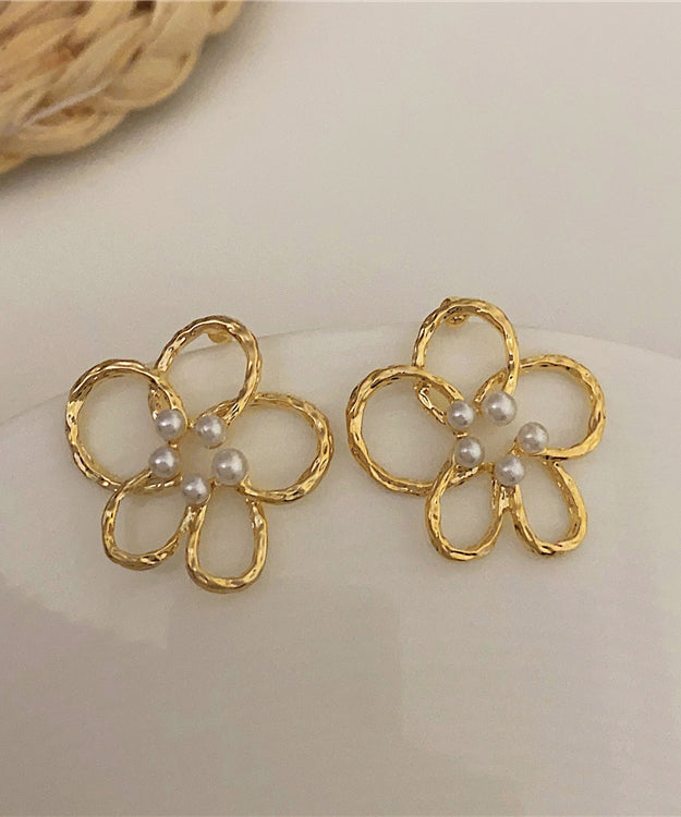 Cute Gold Copper Overgild Pearl Floral Hollow Out Stud Earrings ZZ058 JEW-EAR240613