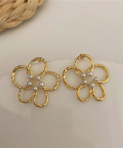 Cute Gold Copper Overgild Pearl Floral Hollow Out Stud Earrings ZZ058 JEW-EAR240613