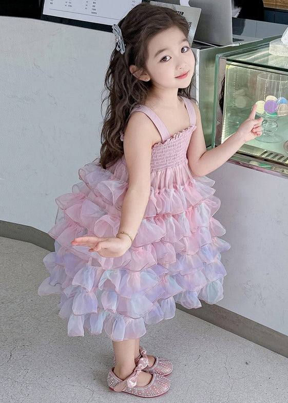 Cute Gradient Color Ruffled Tulle Girls Spaghetti Strap Dress Sleeveless TT044 WS-JRTZSDGL240817