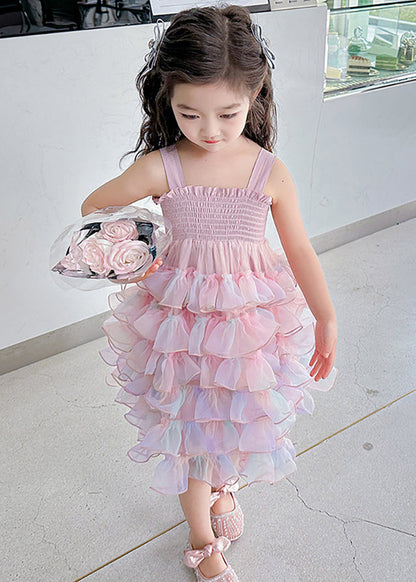 Cute Gradient Color Ruffled Tulle Girls Spaghetti Strap Dress Sleeveless TT044 WS-JRTZSDGL240817