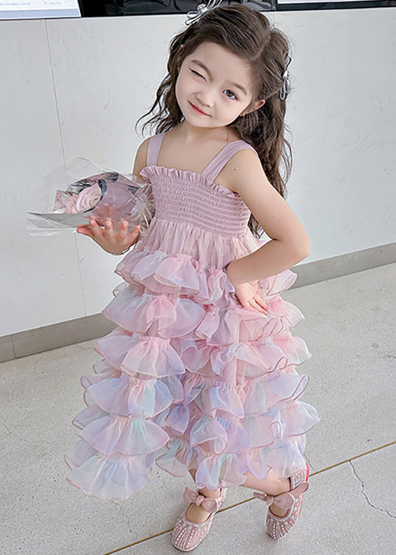 Cute Gradient Color Ruffled Tulle Girls Spaghetti Strap Dress Sleeveless TT044 WS-JRTZSDGL240817