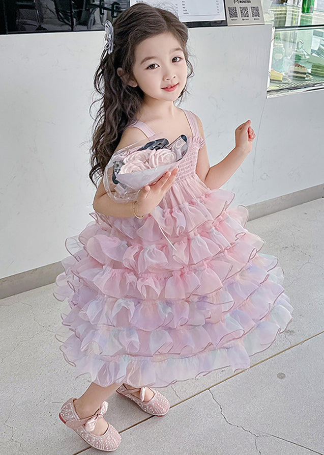 Cute Gradient Color Ruffled Tulle Girls Spaghetti Strap Dress Sleeveless TT044 WS-JRTZSDGL240817