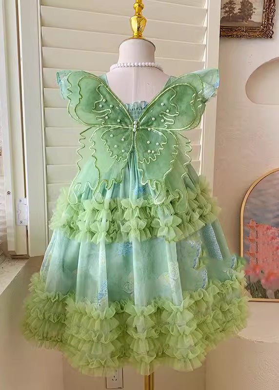 Cute Green Butterfly Tulle Kids Long Dresses Short Sleeve YE002 ABC