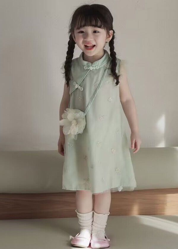 Cute Green Embroideried Button Girls Long Dresses Summer MN017 MM-RCTZ-SDL240701