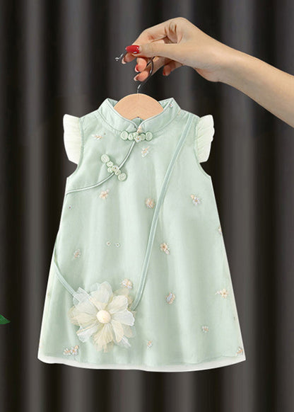 Cute Green Embroideried Button Girls Long Dresses Summer MN017 MM-RCTZ-SDL240701