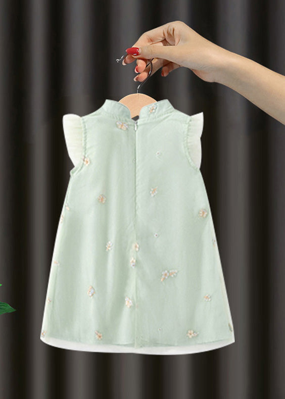 Cute Green Embroideried Button Girls Long Dresses Summer MN017 MM-RCTZ-SDL240701