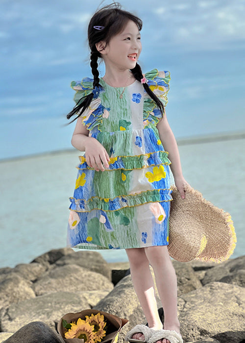 Cute Green Ruffled Print Cotton Girls Mid Dress Summer EW036 WS-RCTZSDGM240809