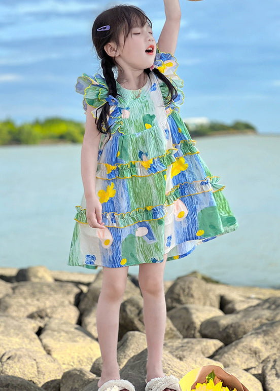 Cute Green Ruffled Print Cotton Girls Mid Dress Summer EW036 WS-RCTZSDGM240809