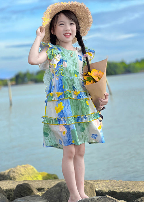 Cute Green Ruffled Print Cotton Girls Mid Dress Summer EW036 WS-RCTZSDGM240809