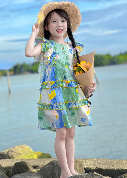 Cute Green Ruffled Print Cotton Girls Mid Dress Summer EW036 WS-RCTZSDGM240809