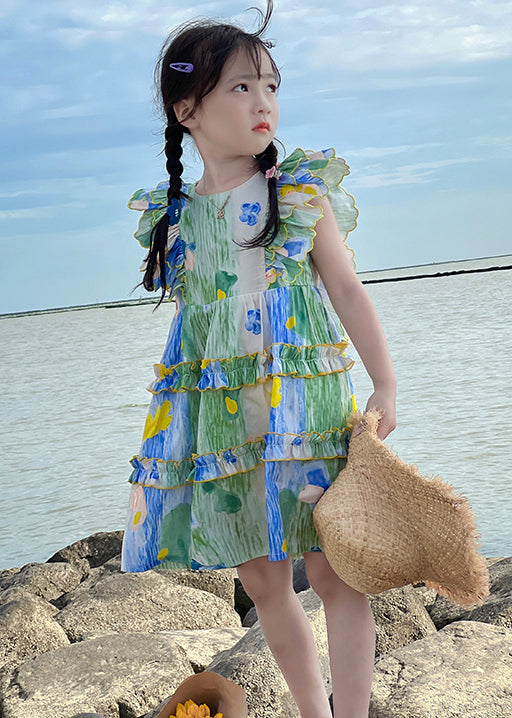 Cute Green Ruffled Print Cotton Girls Mid Dress Summer EW036 WS-RCTZSDGM240809