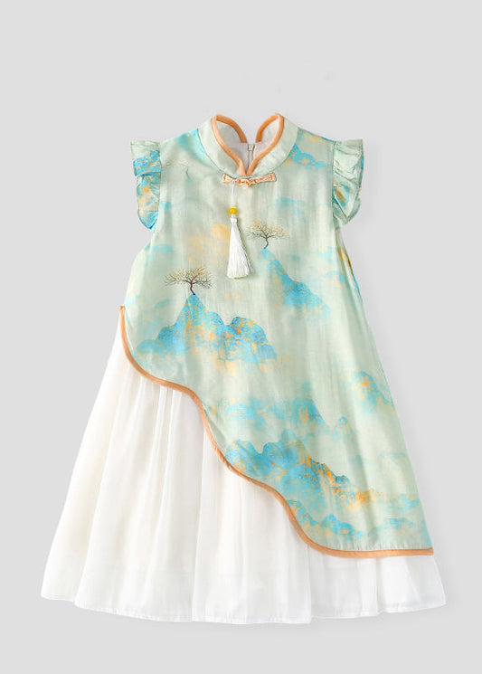 Cute Green Stand Collar Chiffon Patchwork Kids Chiffon Maxi Dress Short Sleeve MN001 MM-RCTZ-SDL240701