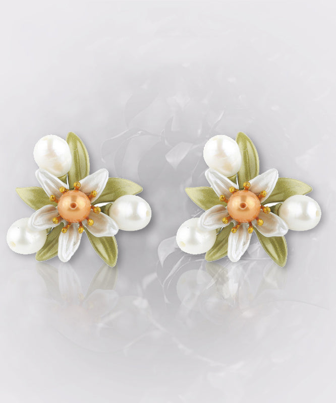 Silver Floral Cute Green Sterling Stud Pearl Copper Enamel FashionChic