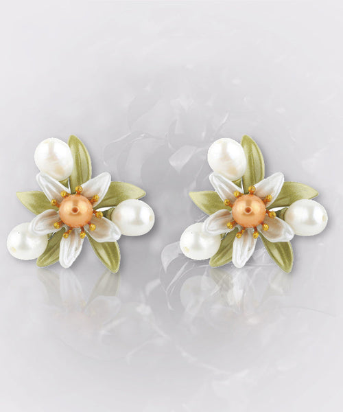 Silver Floral Cute Green Sterling Stud Pearl Copper Enamel FashionChic