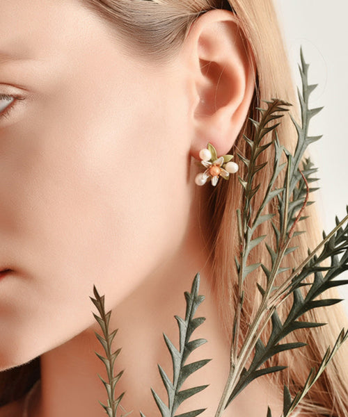 Silver Floral Cute Green Sterling Stud Pearl Copper Enamel FashionChic