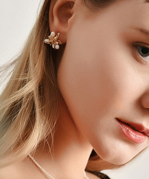 Silver Floral Cute Green Sterling Stud Pearl Copper Enamel FashionChic