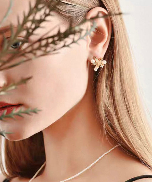 Silver Floral Cute Green Sterling Stud Pearl Copper Enamel FashionChic