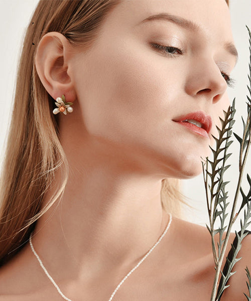 Silver Floral Cute Green Sterling Stud Pearl Copper Enamel FashionChic