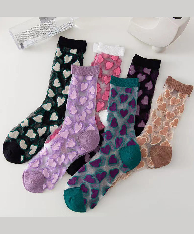 Cute Heart Jacquard Transparent Thin Mid Length Socks KJ044 WZ240714