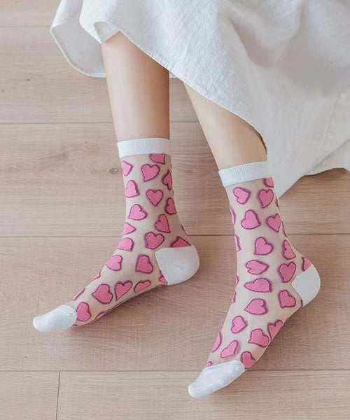 Cute Heart Jacquard Transparent Thin Mid Length Socks KJ044 WZ240714