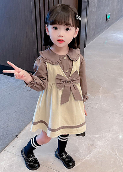 Cute Khaki Bow Shirt And Dress Cotton Girls Two Piece Set Fall XZ066 FALL-MM-RCTZ-TPGIEC240618