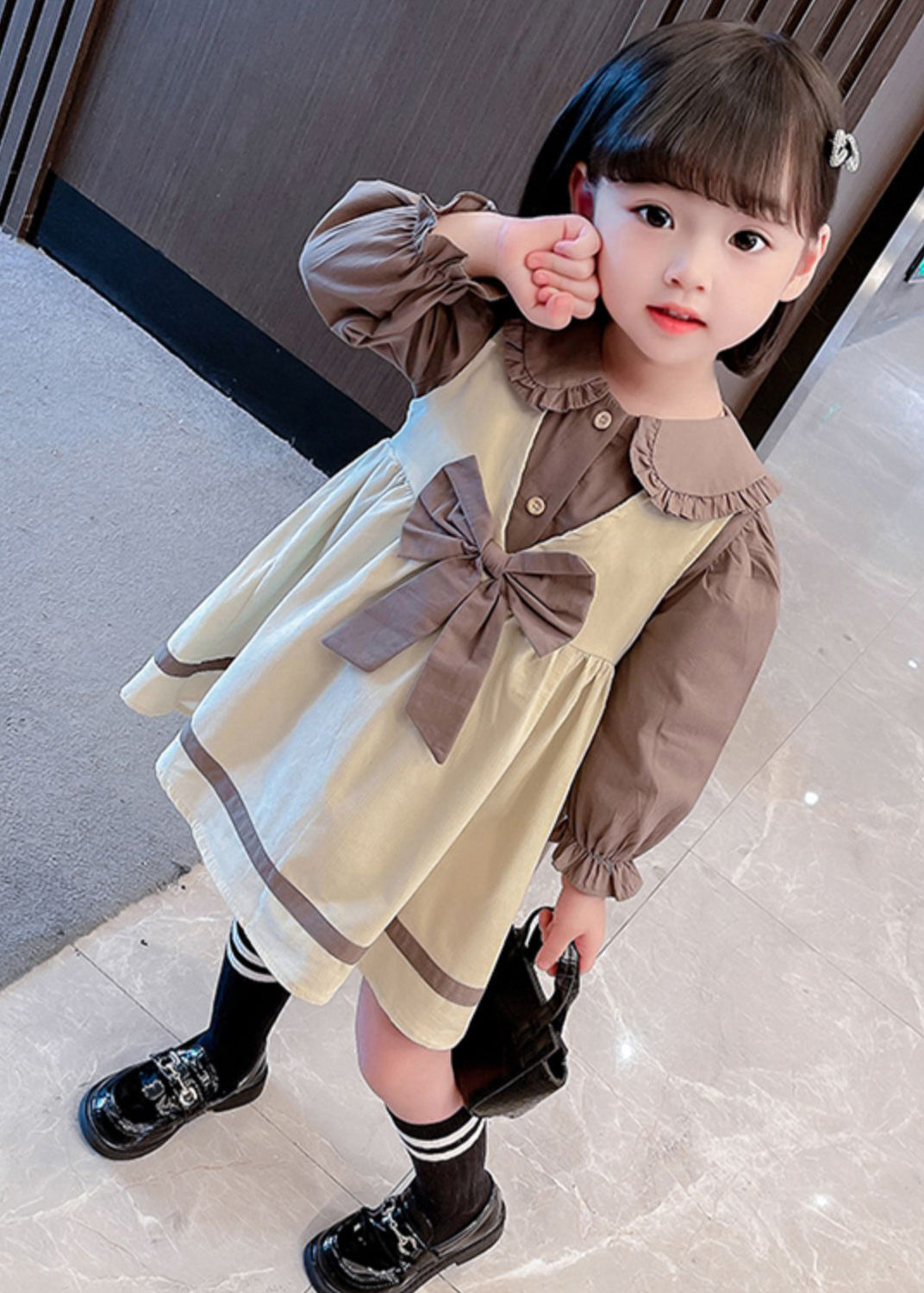 Cute Khaki Bow Shirt And Dress Cotton Girls Two Piece Set Fall XZ066 FALL-MM-RCTZ-TPGIEC240618