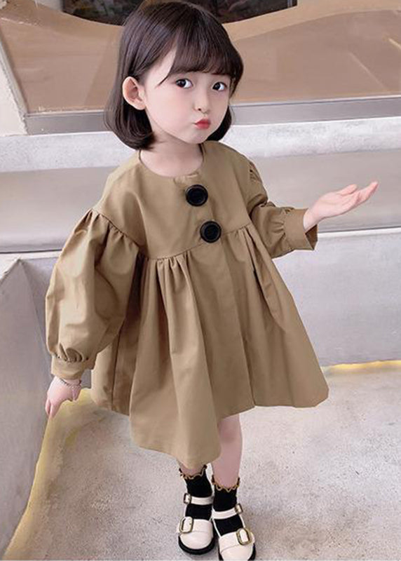 Cute Khaki O-Neck Patchwork Kids Mid Dresses Fall SS1037 MM-RCTZ-FDM240601