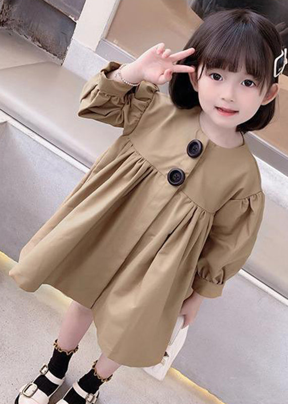 Cute Khaki O-Neck Patchwork Kids Mid Dresses Fall SS1037 MM-RCTZ-FDM240601