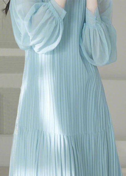 O-Neck Blue Maxi Spring Cinched Light Cute Dresses FashionChic